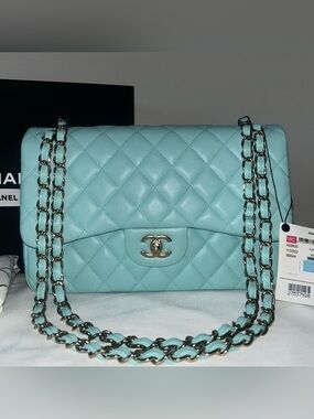 CHANEL Classic Jumbo Double Flap Quilted Caviar Handbag Tiffany Blue/Light Gold